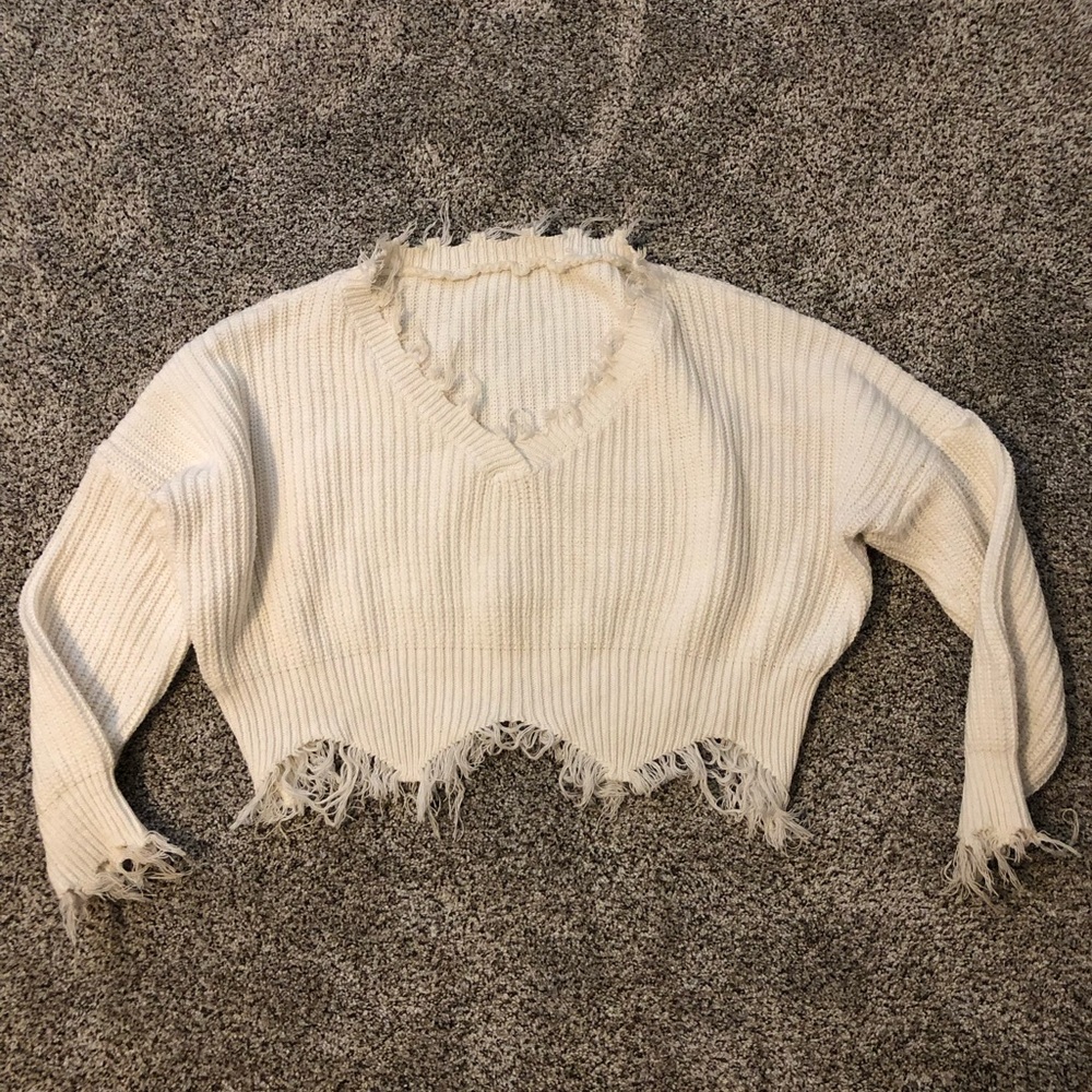 Cream Boxy Frayed Hem Sweater